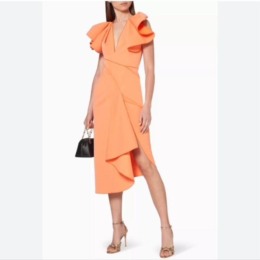 Acler Redwood Dress Womens 10 Orange Papaya Ruffle Wrap Asymmetric Midi V Neck